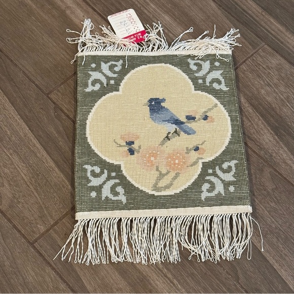 Vintage Small Chinese Silk Woven Rug Tapestry Fringe Blue Jay 12"x 13.5” NWT - Picture 5 of 7